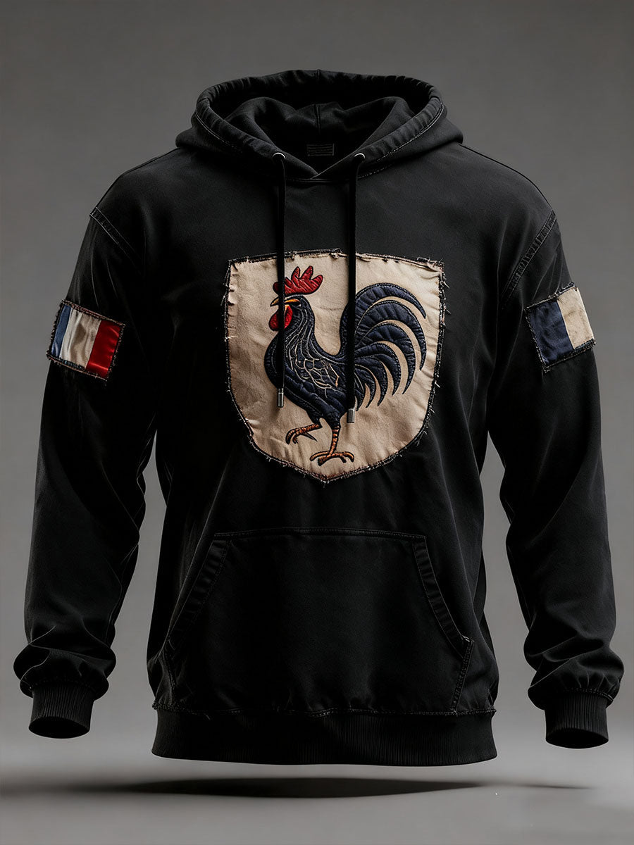 Men's oversized hooded sweatshirt with rooster chest patch and sleeve patches
