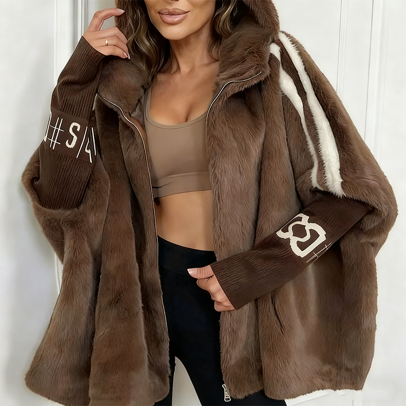 Women's oversized textured hooded winter jacket with striped sleeves