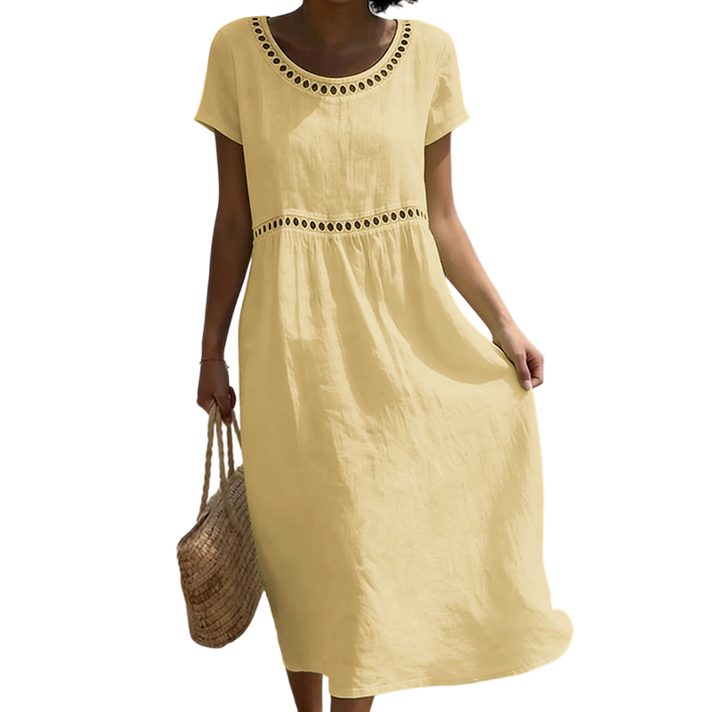 Women's midi dress with short sleeves, round neckline and decorative trim