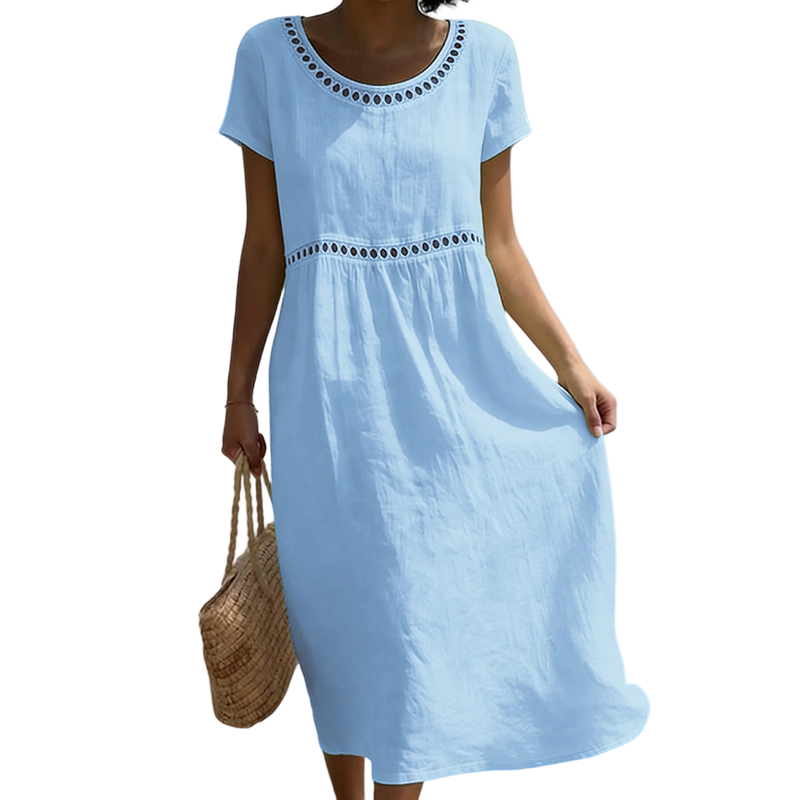 Women's midi dress with short sleeves, round neckline and decorative trim