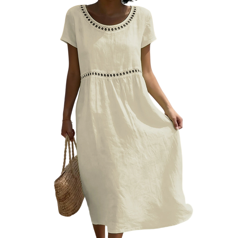 Women's midi dress with short sleeves, round neckline and decorative trim