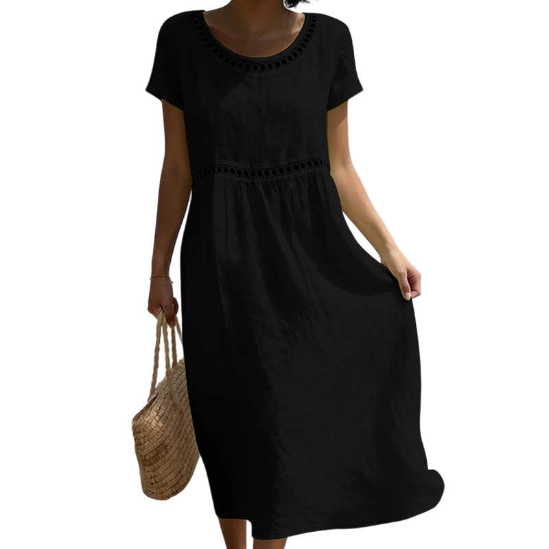 Women's midi dress with short sleeves, round neckline and decorative trim