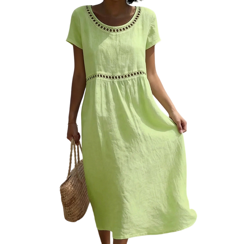 Women's midi dress with short sleeves, round neckline and decorative trim