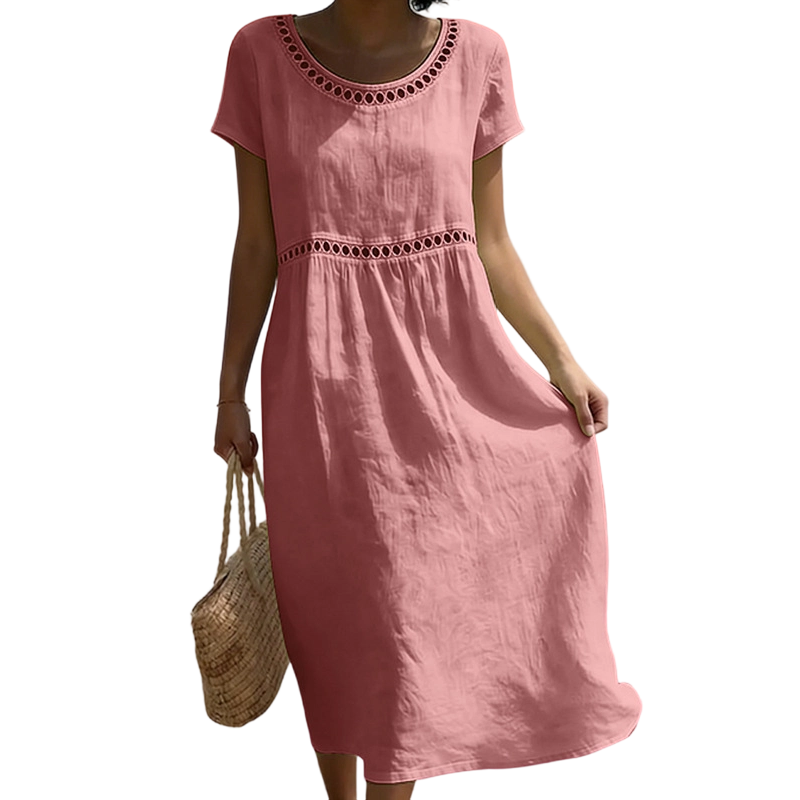 Women's midi dress with short sleeves, round neckline and decorative trim