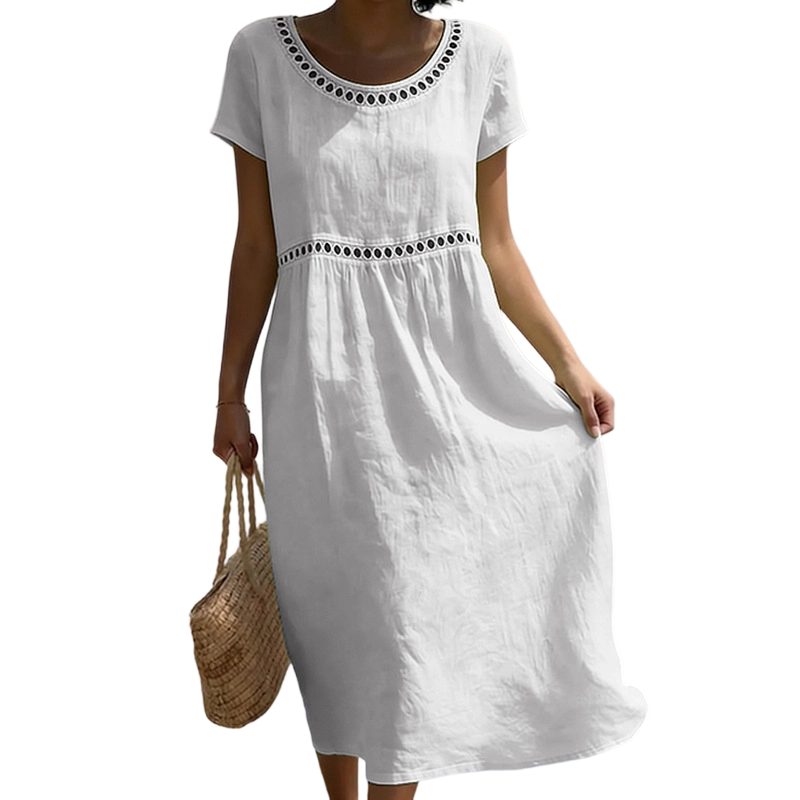 Women's midi dress with short sleeves, round neckline and decorative trim