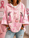 Pink women's hooded top with Halloween witches, ghosts and breast cancer awareness ribbon graphics