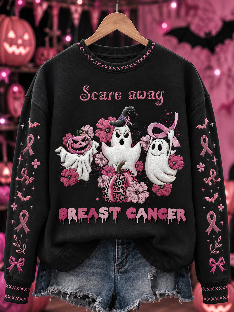 Black women's sweatshirt with pink breast cancer ghost and ribbon graphic