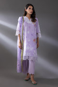 Women's purple floral three-piece outfit set with lace-trimmed shirt, culottes and dupatta