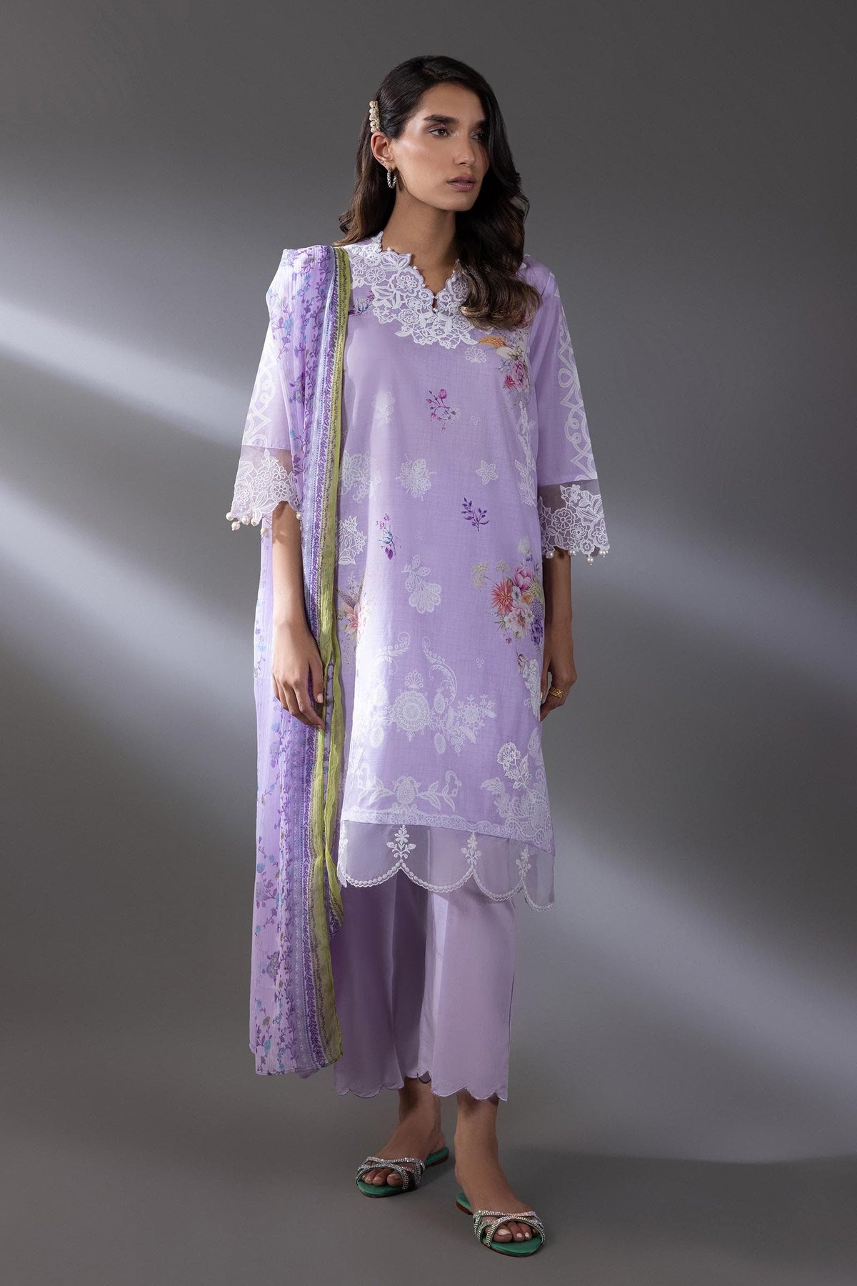 Women's purple floral three-piece outfit set with lace-trimmed shirt, culottes and dupatta