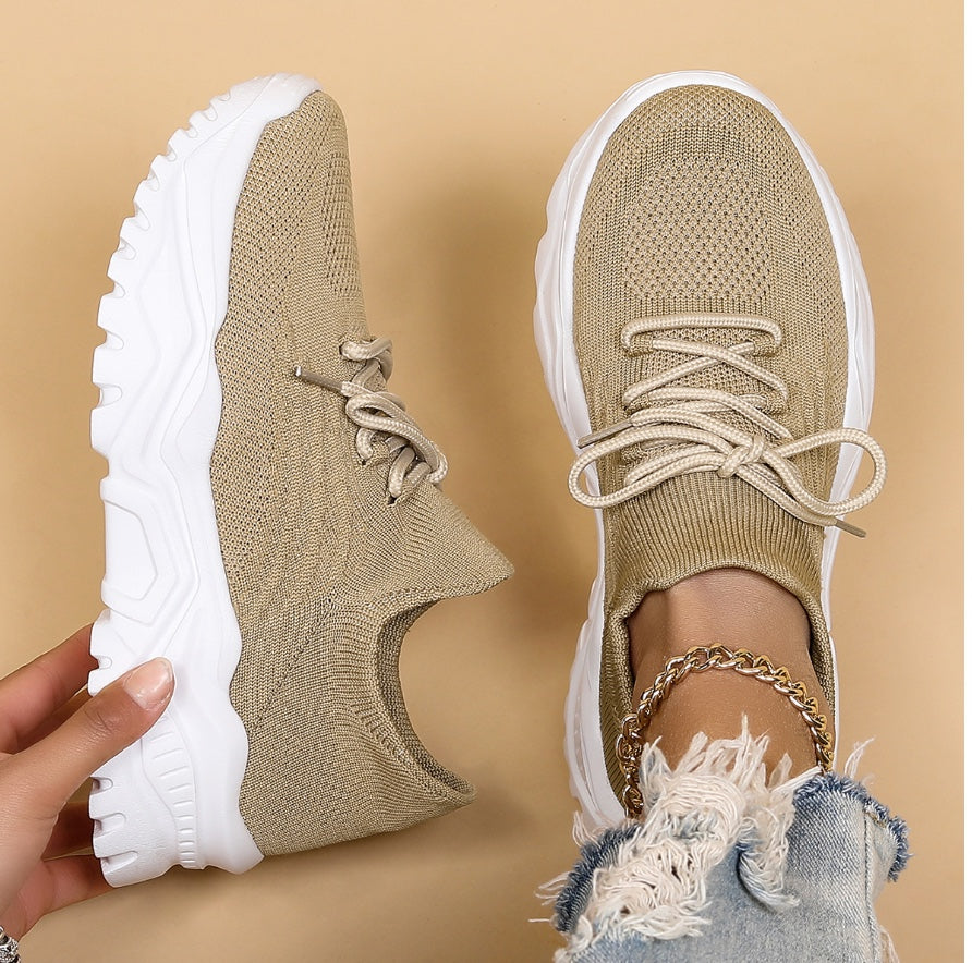 Women's lace-up knit trainers with chunky ridged soles
