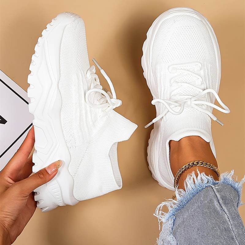 Women's lace-up knit trainers with chunky ridged soles