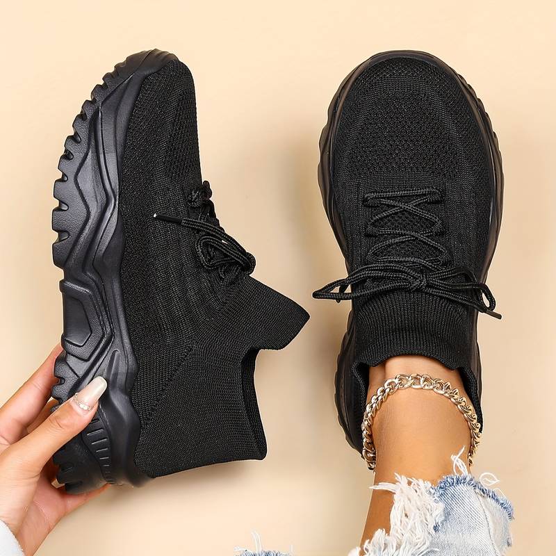 Women's lace-up knit trainers with chunky ridged soles