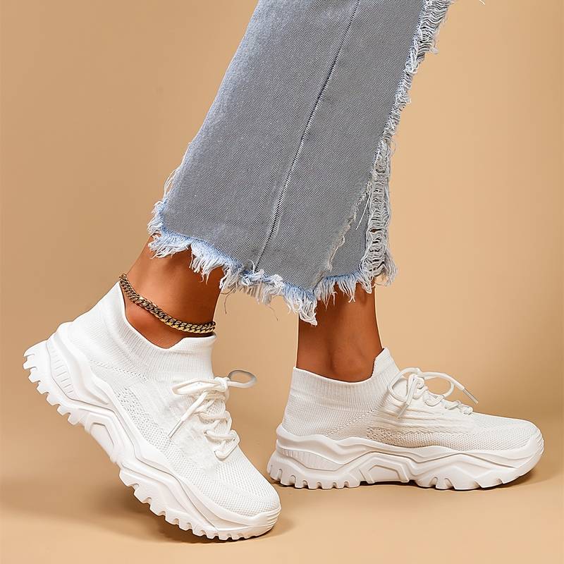 Women's lace-up knit trainers with chunky ridged soles