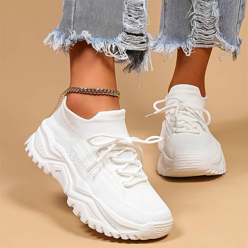Women's lace-up knit trainers with chunky ridged soles