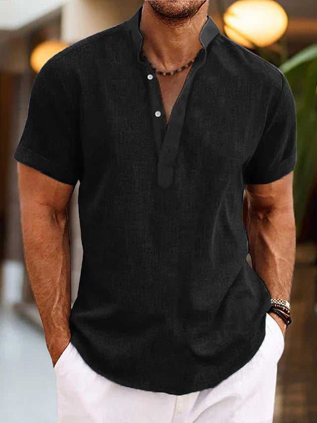 Men's short sleeve Henley shirt with Mandarin collar and textured finish