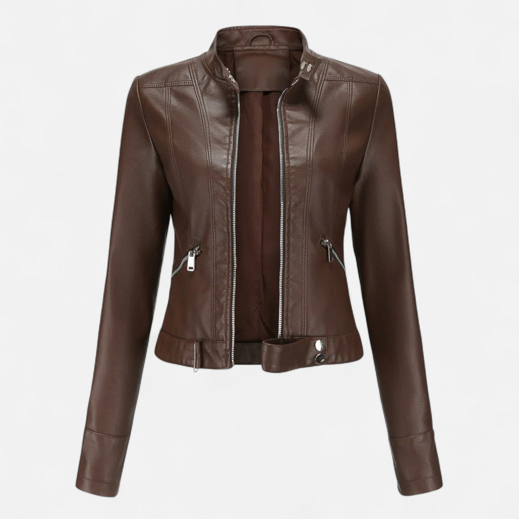 Women's cropped fitted jacket with mandarin collar, long sleeves and zipped pockets