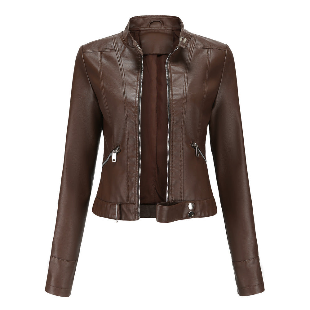Women's cropped leather-style jacket with stand collar, long sleeves and zipped pockets