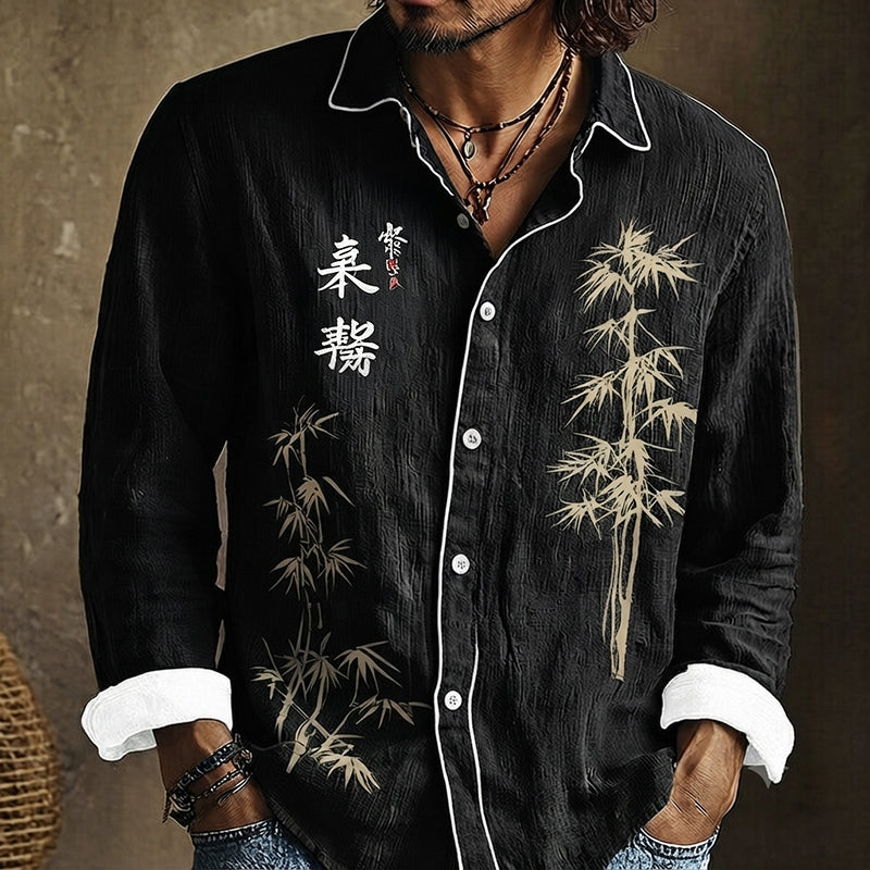 Men's long-sleeved shirt with bamboo and calligraphy print, contrast trim and button front