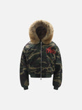 Green camouflage hooded jacket with tan fur-effect trim and red embroidery
