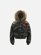 Green camouflage hooded jacket with tan fur-effect trim and red embroidery