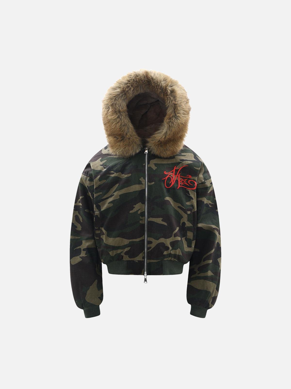 Green camouflage hooded jacket with tan fur-effect trim and red embroidery