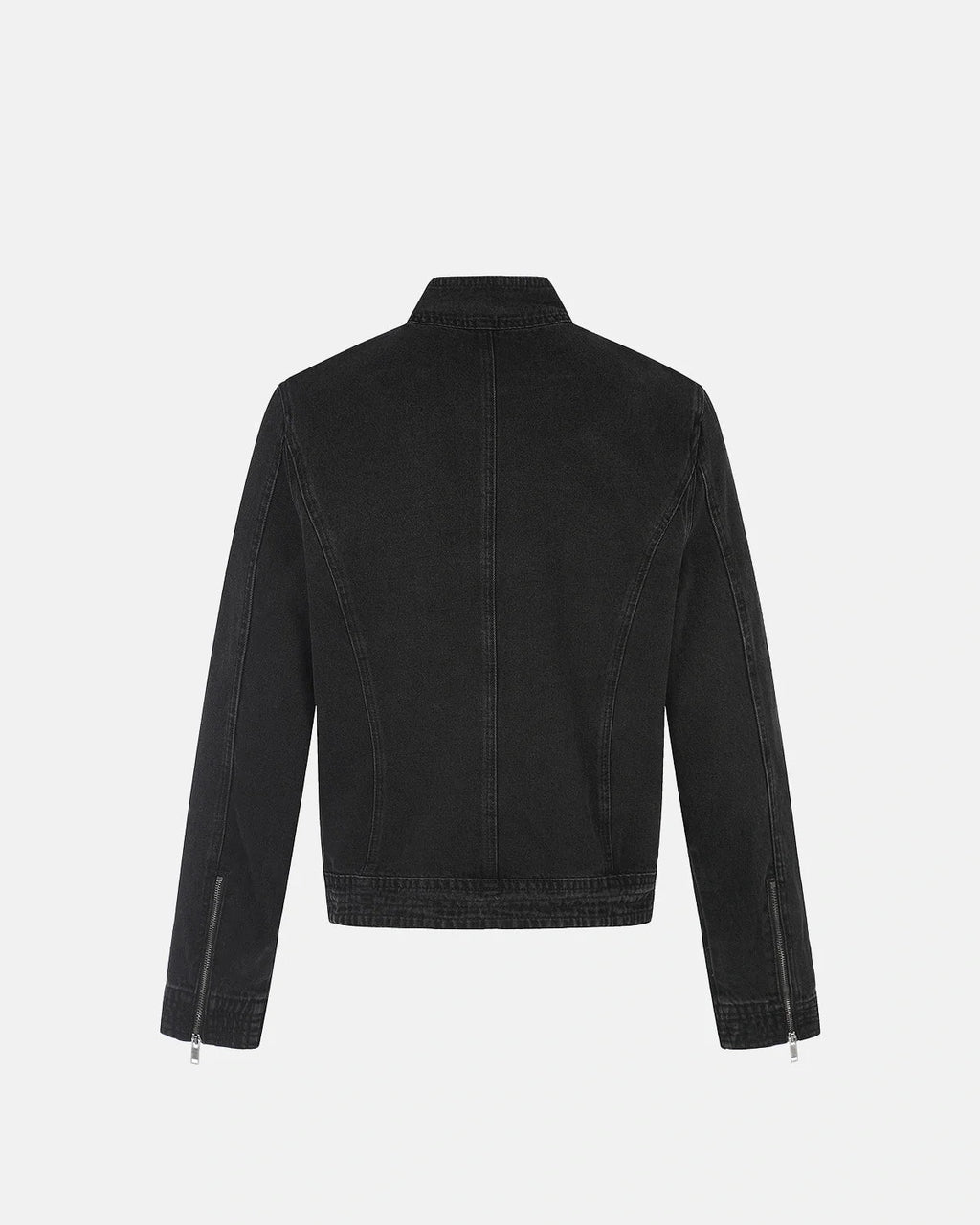 Men's black stand collar denim jacket with zip fastening and button detailing