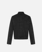 Men's black stand collar denim jacket with zip fastening and button detailing