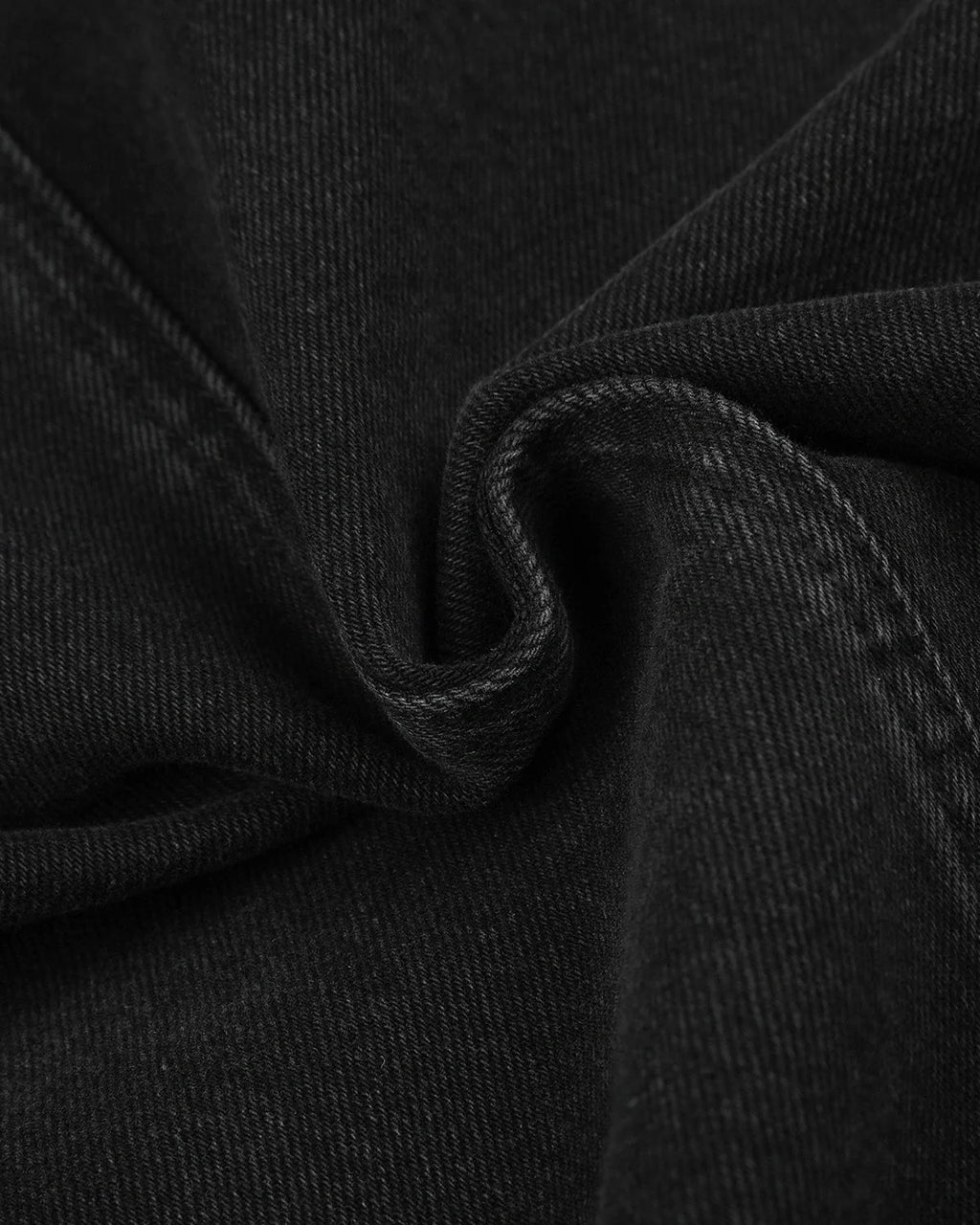 Men's black stand collar denim jacket with zip fastening and button detailing