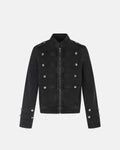 Men's black stand collar denim jacket with zip fastening and button detailing