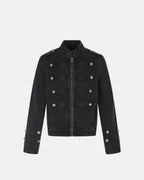 Men's black stand collar denim jacket with zip fastening and button detailing