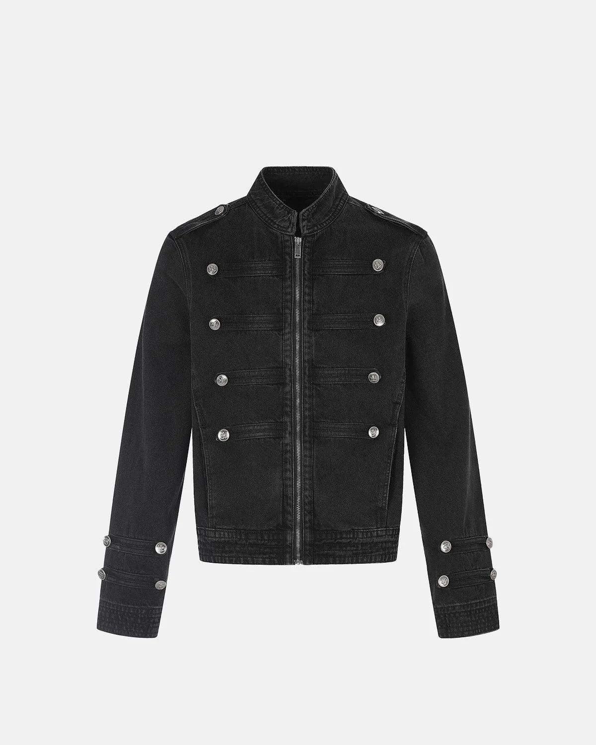 Men's black stand collar denim jacket with zip fastening and button detailing