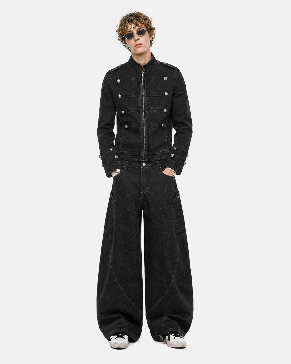 Men's black stand collar denim jacket with zip fastening and button detailing
