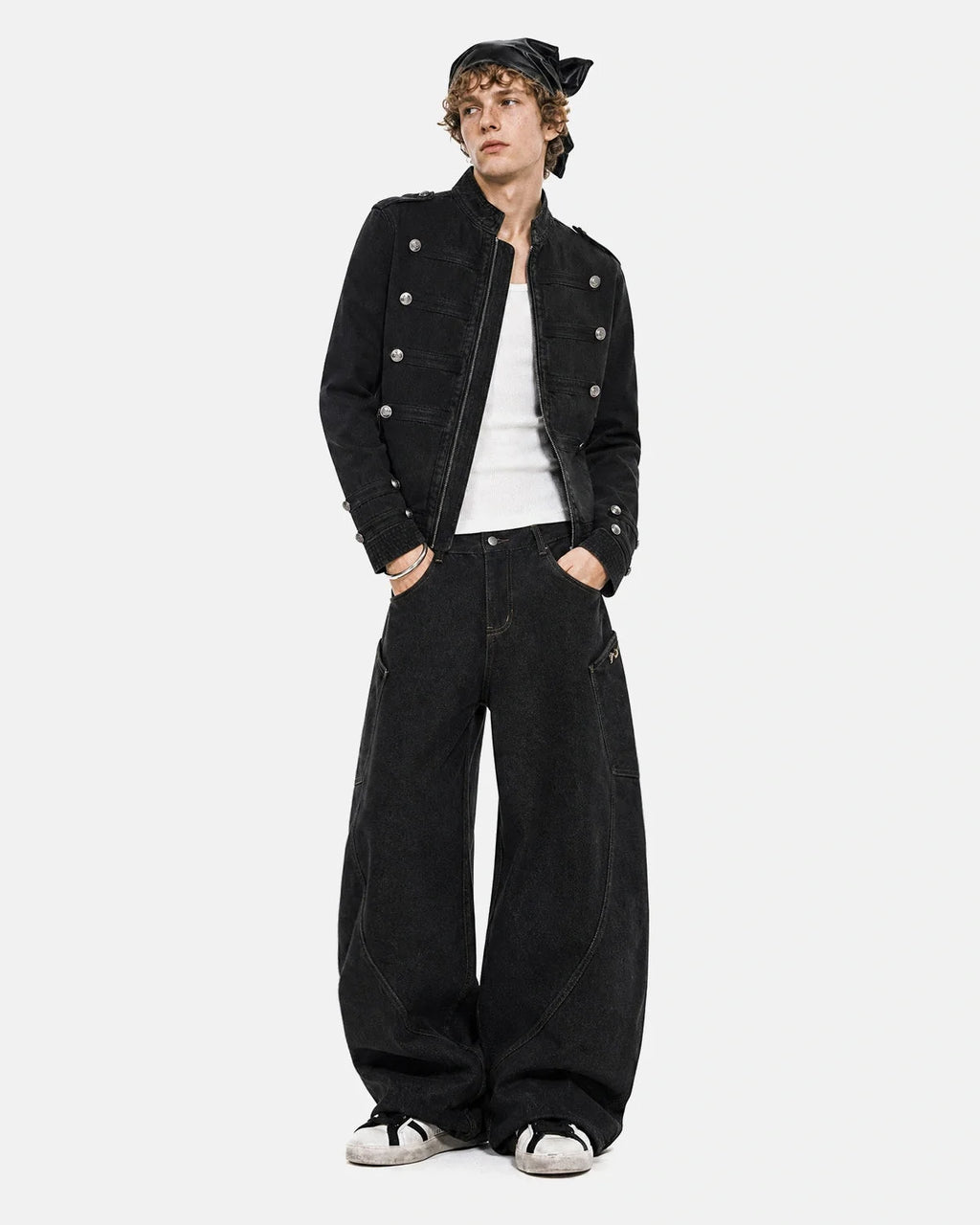 Men's black stand collar denim jacket with zip fastening and button detailing