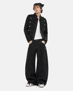 Men's black stand collar denim jacket with zip fastening and button detailing