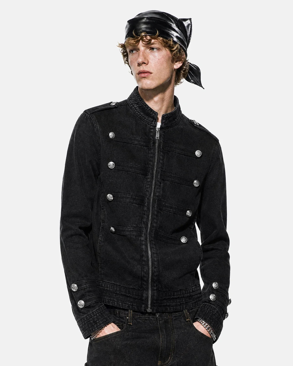 Men's black stand collar denim jacket with zip fastening and button detailing