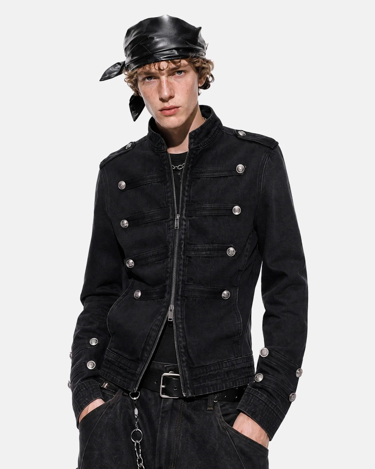 Men's black stand collar denim jacket with zip fastening and button detailing