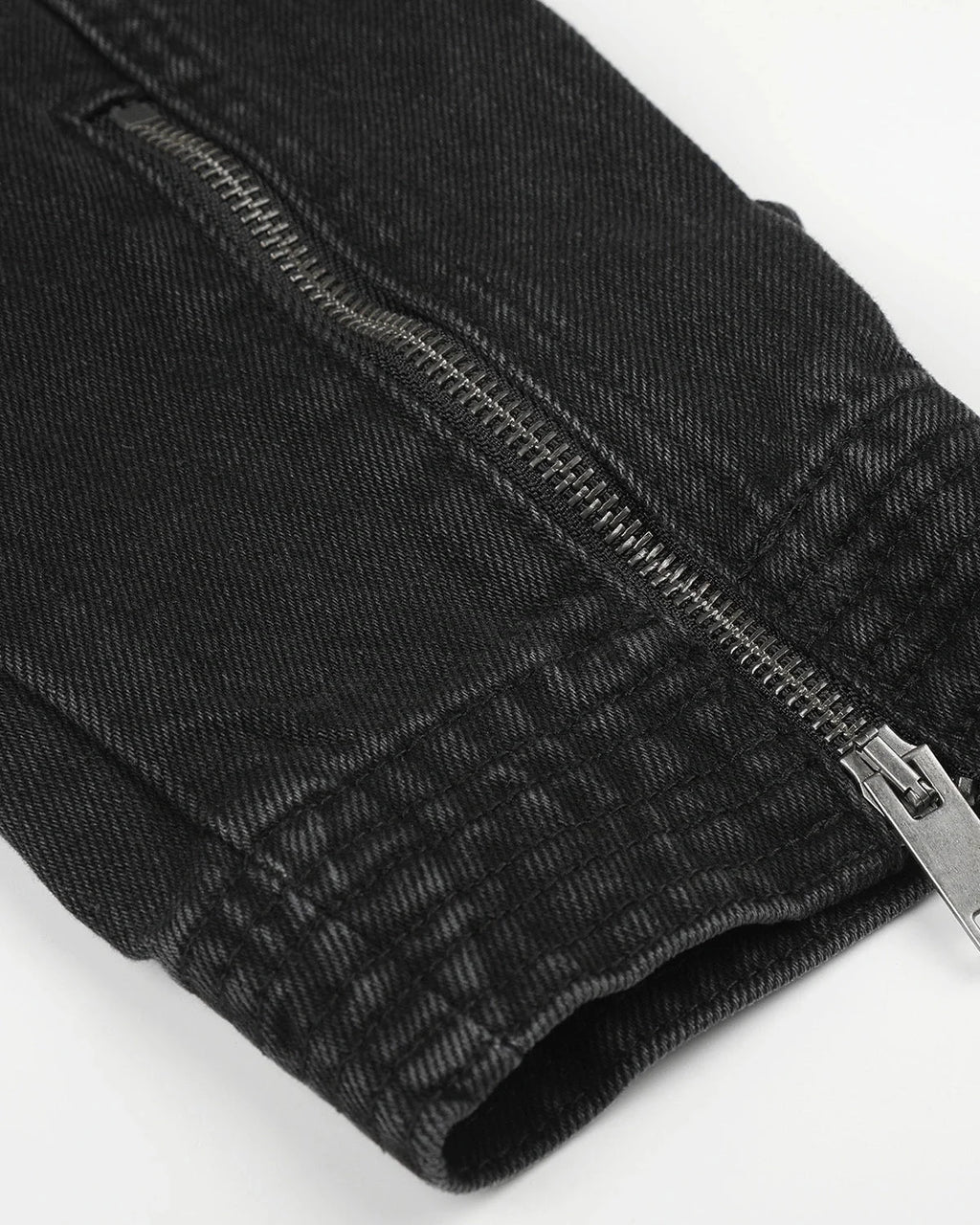 Men's black stand collar denim jacket with zip fastening and button detailing