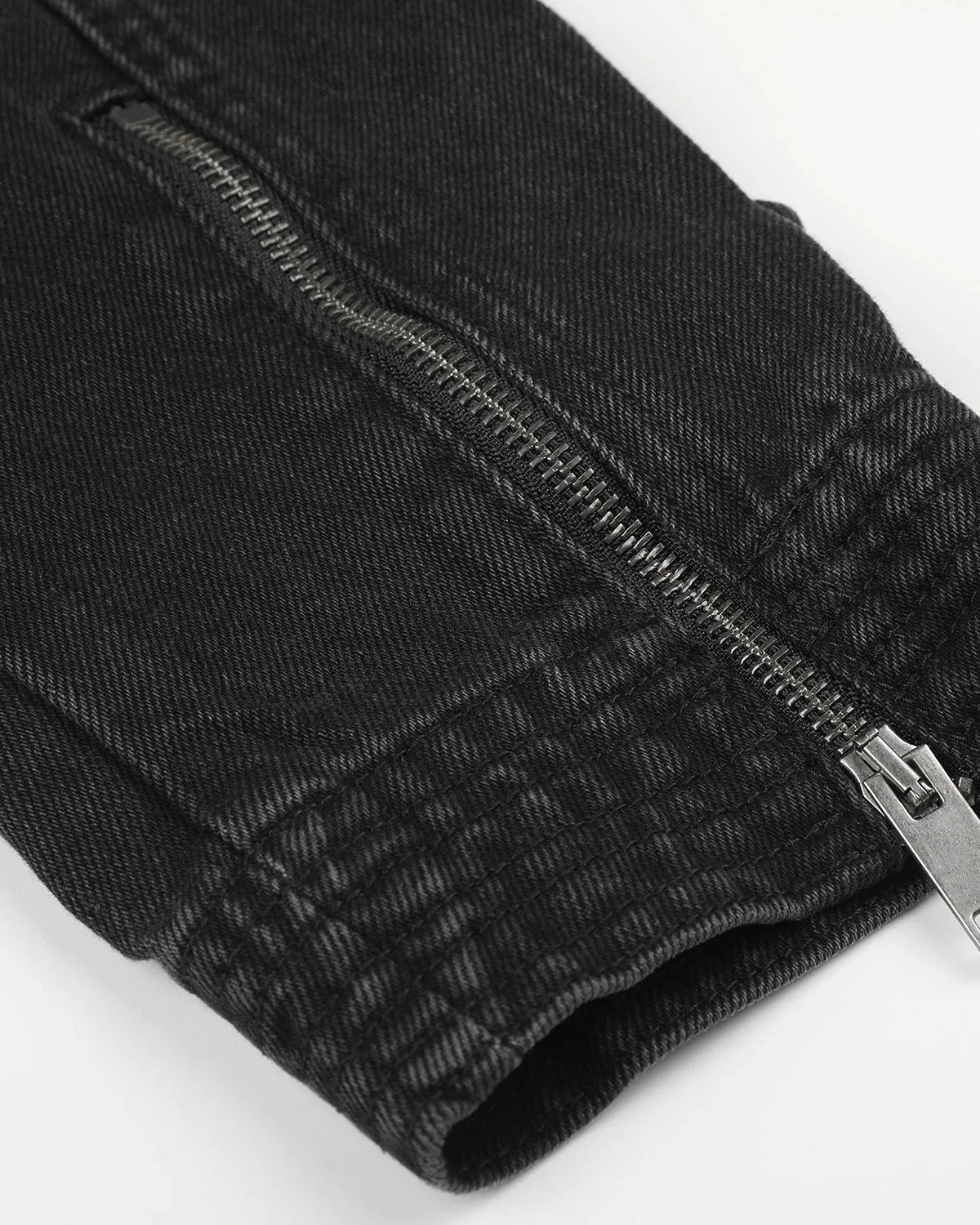 Men's black stand collar denim jacket with zip fastening and button detailing