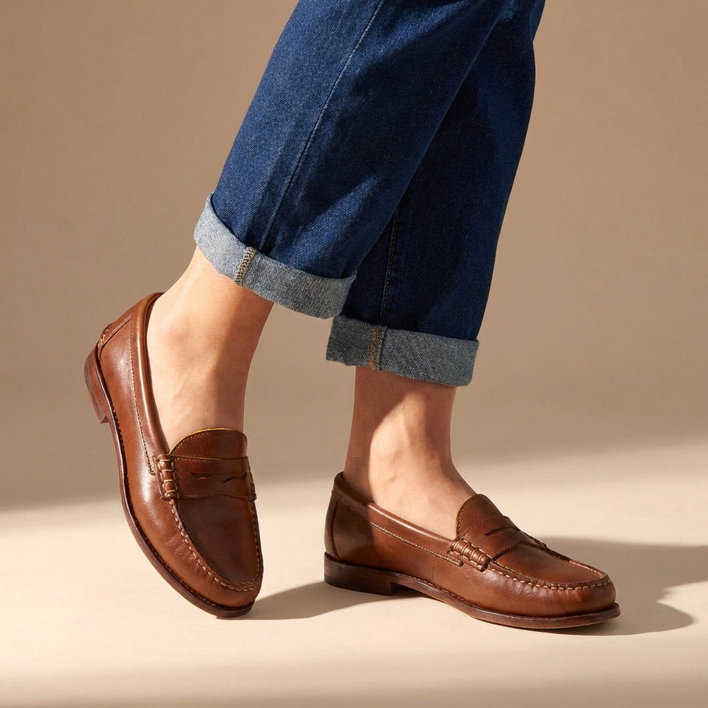 Women's penny loafers with round toes, low heels and stitched detailing
