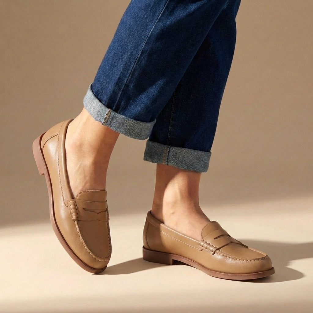 Women's penny loafers with round toes, low heels and stitched detailing