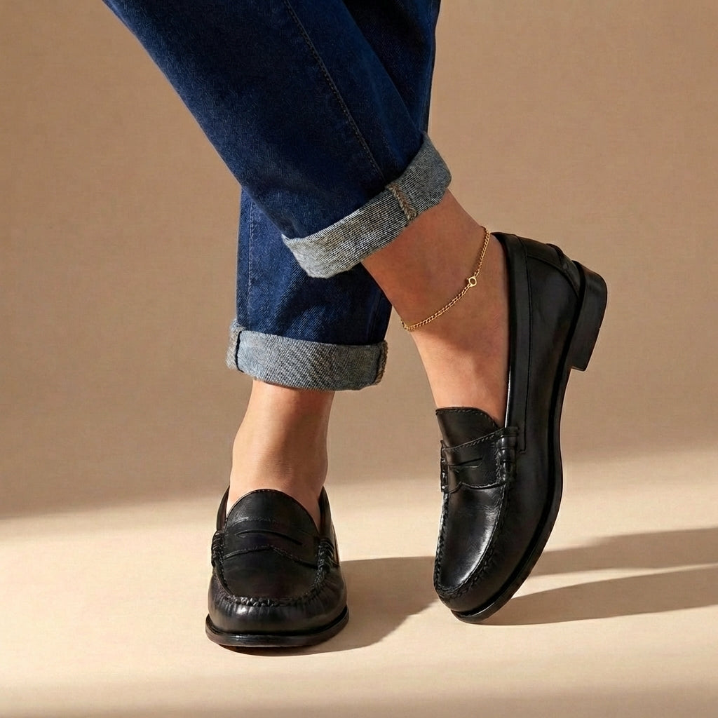 Women's penny loafers with round toes, low heels and stitched detailing