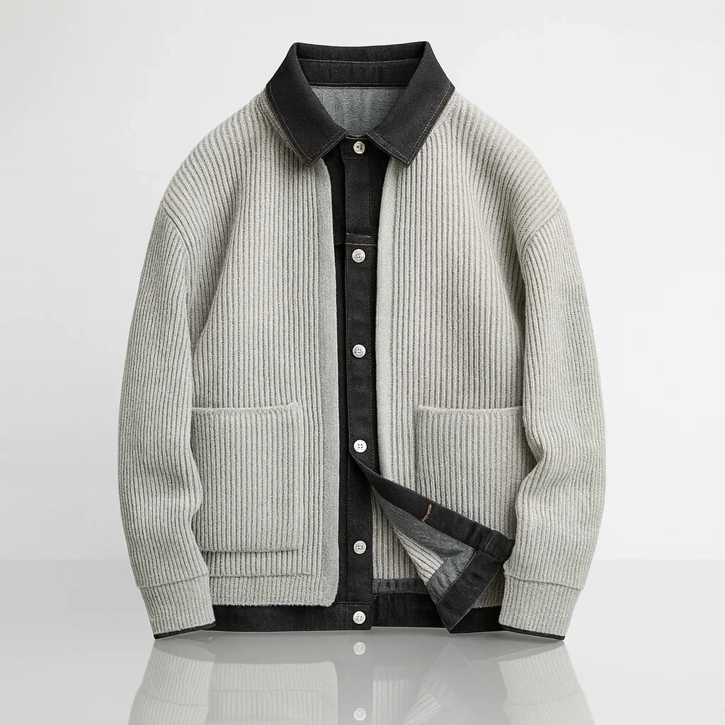 Men's ribbed jacket with contrasting collar, button front and two patch pockets