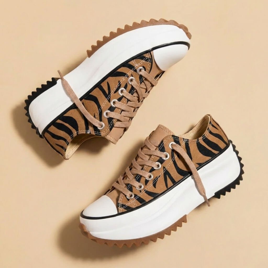 Women's platform lace-up sneakers with chunky ridged soles in beige and tiger stripe designs