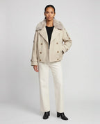 Women's beige short trench jacket with faux-fur collar and button front
