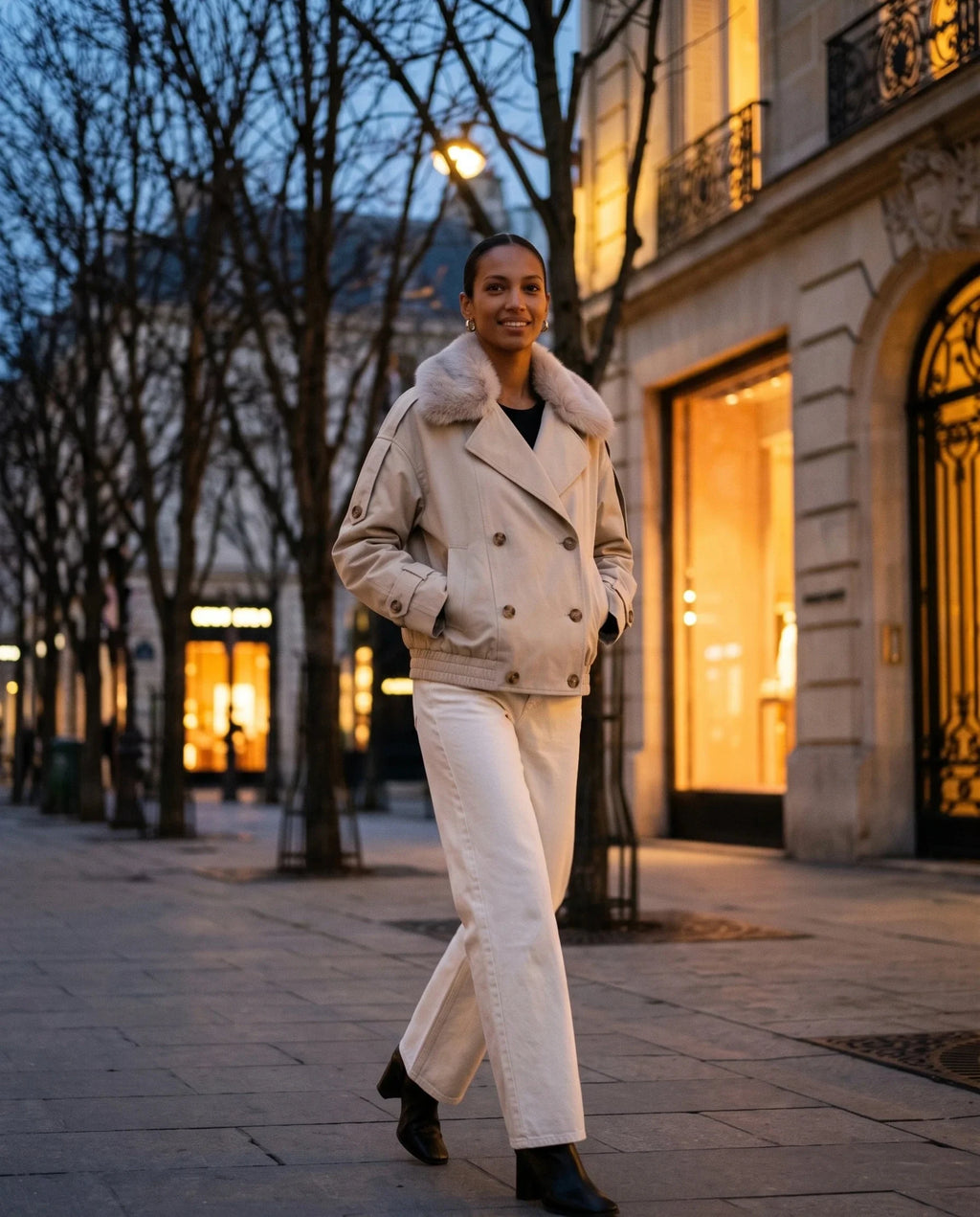 Women's beige short trench jacket with faux-fur collar and button front