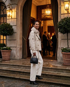 Women's beige short trench jacket with faux-fur collar and button front