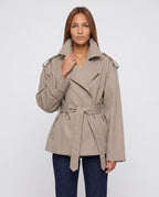 Women's oversized cropped trench jacket with wide lapels and tie belt