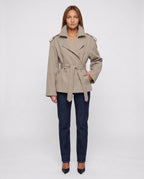 Women's oversized cropped trench jacket with wide lapels and tie belt