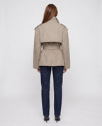 Women's oversized cropped trench jacket with wide lapels and tie belt