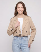 Women's beige cropped trench jacket with belt and buckle details